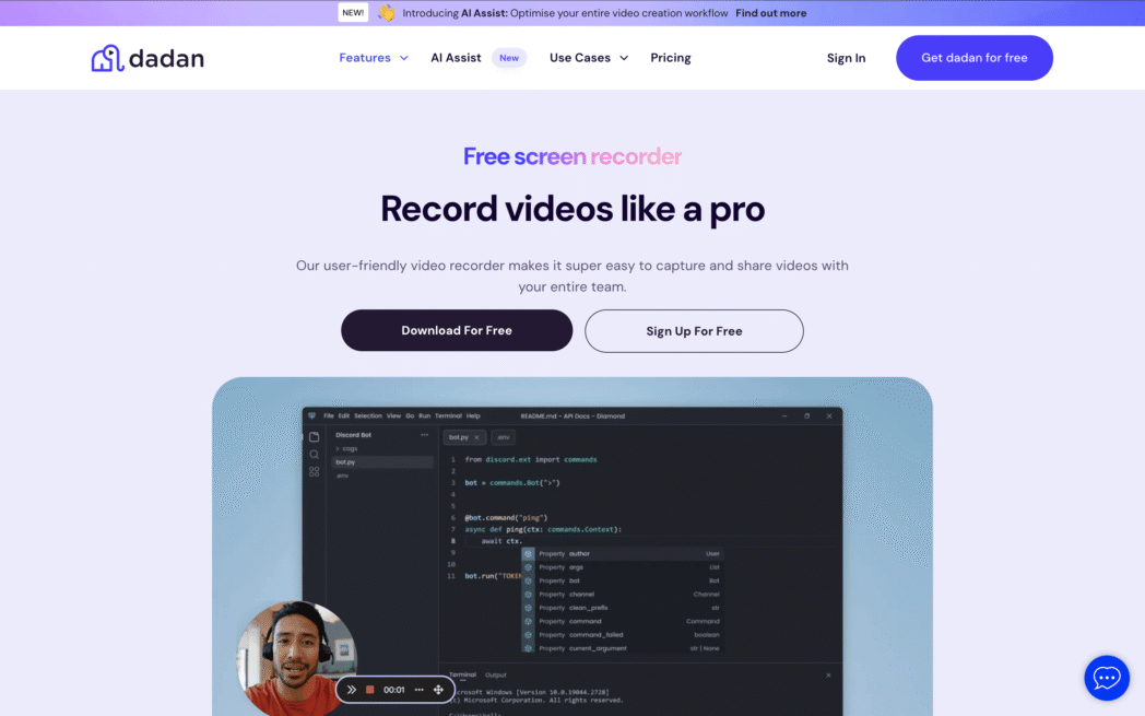 Dadan screen recorder webpage